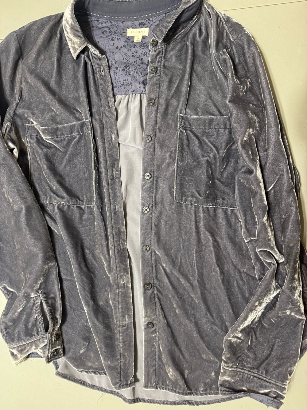 Pilcro Velvet Button-Up Shirt Jacket in Charcoal Gray